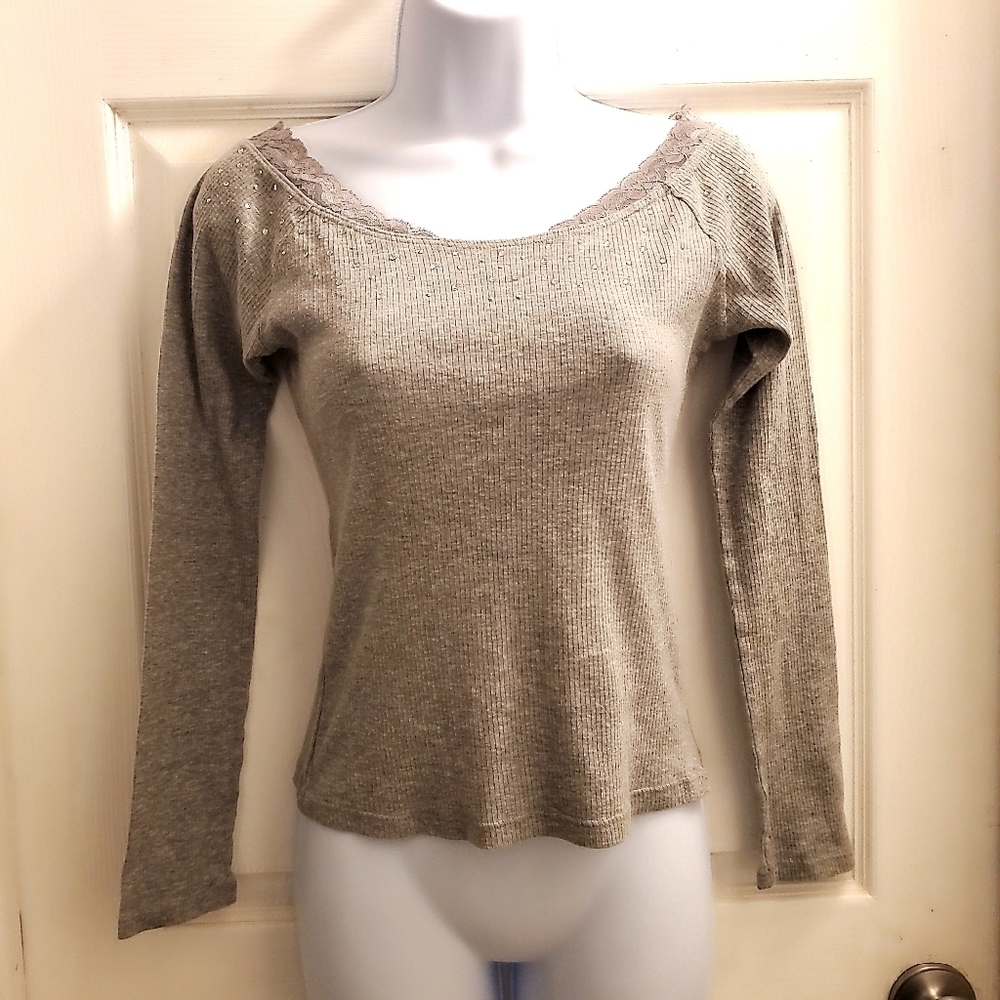 American Rag l/s lace trimmed embellished top